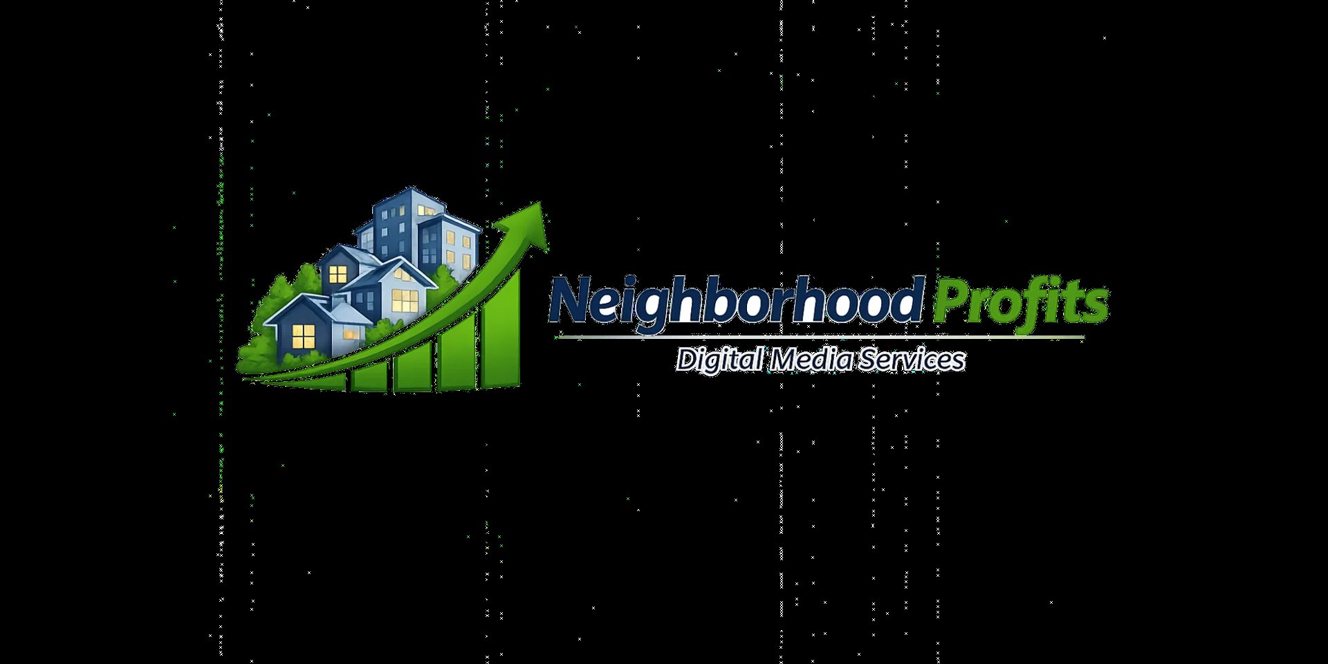Guaranteed Profits logo featuring a green upward arrow over a building with blue accents and text on black background