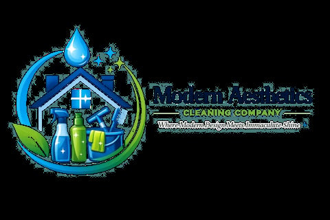 Modern Matters Cleaning Company logo featuring a house with cleaning supplies and water droplet design