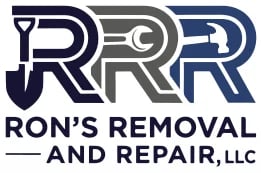 Rons Removal and Repair LLC logo featuring three stylized R letters in black, gray, and blue with tool icons