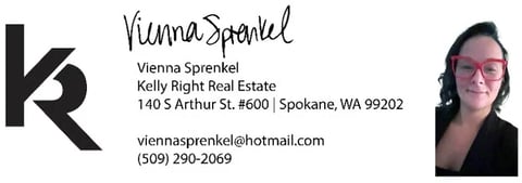 Vienna Sprenkel Kelly Right Real Estate business card with logo, contact information, and headshot photo