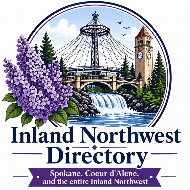 Inland Northwest Directory logo featuring purple lilac flowers, a historic tower, suspension bridge, and waterfall with evergreen trees