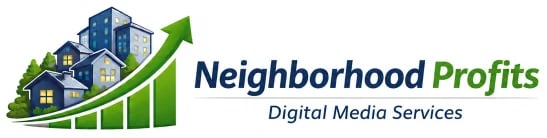 Neighborhood Profits logo featuring blue houses with upward green arrow and bar chart, representing digital media services for real estate growth