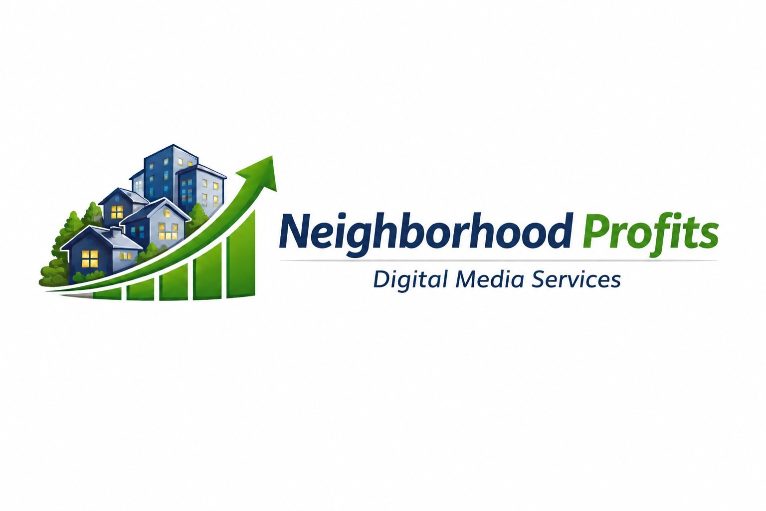 Neighborhood Profits logo featuring blue houses, green upward arrow, bar chart, and tagline Digital Media Services